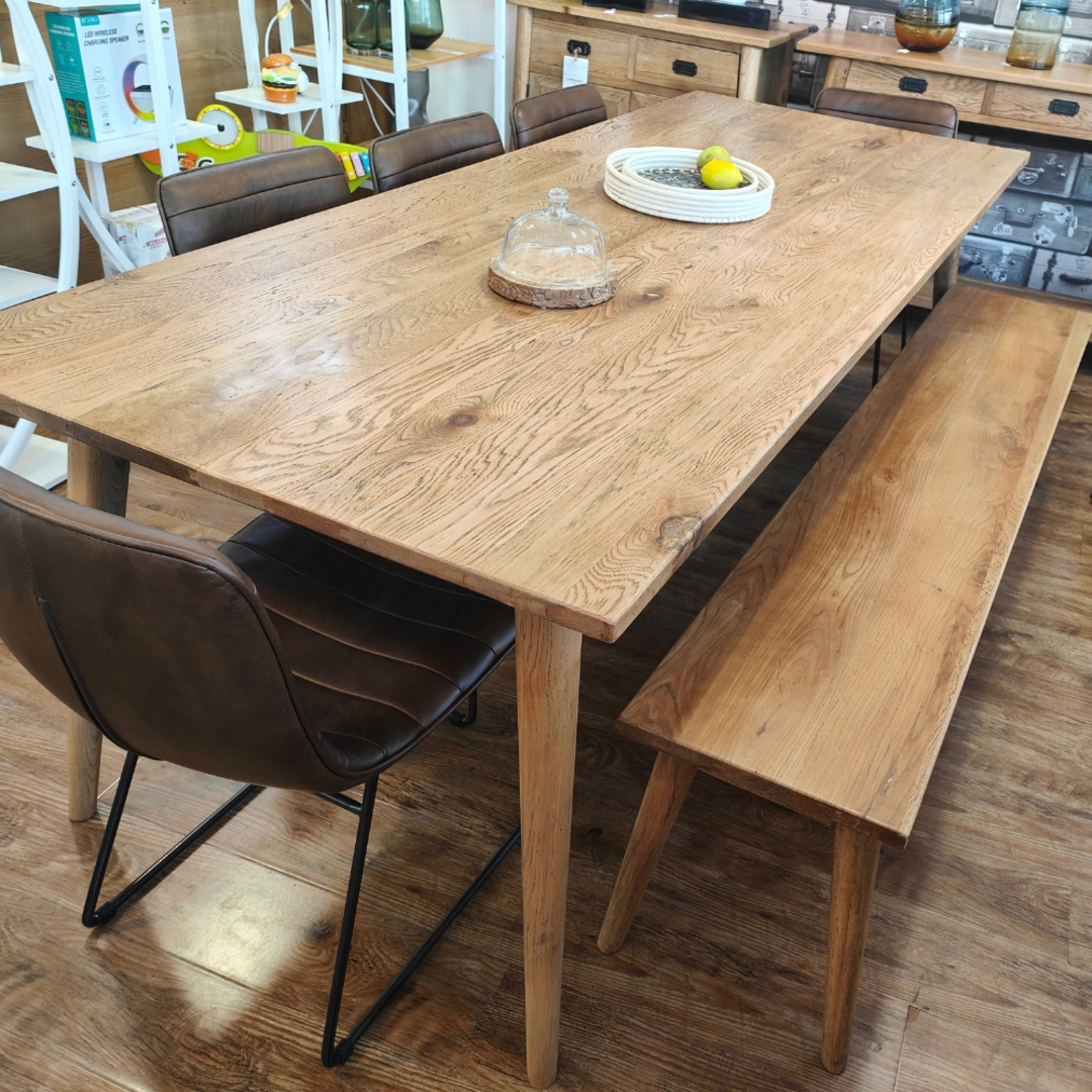 Oak Dining Table 220cm + 5 Amalfi Leather Dining Chair + Oak Bench Set image 0